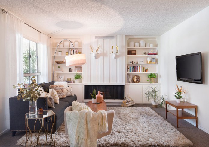 interior of a small living room in light colors