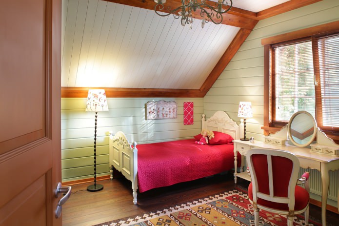 Girl's bedroom in the attic in American country style