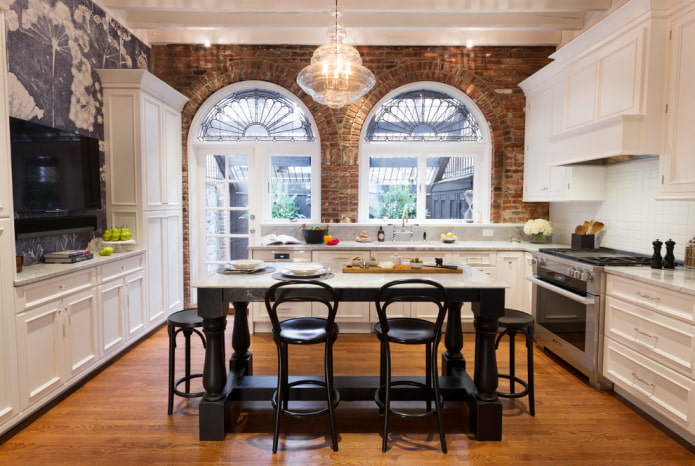 arched window in the kitchen interior