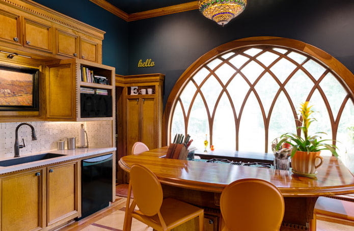 arched window in the kitchen interior