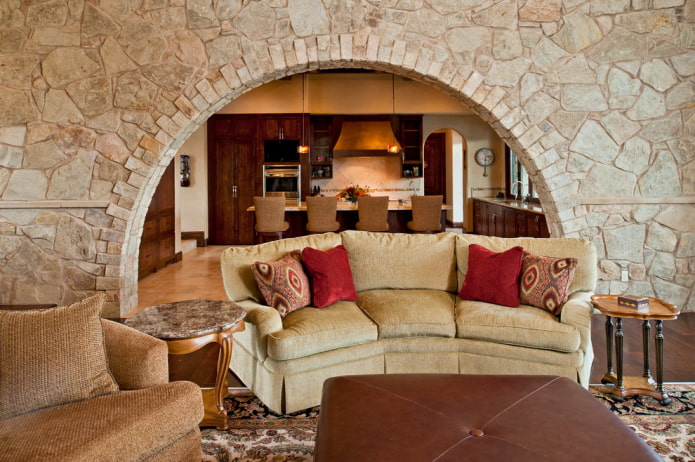 arch with decorative stone in the living room interior