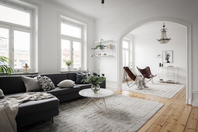 arch in the interior of the living room in Scandinavian style