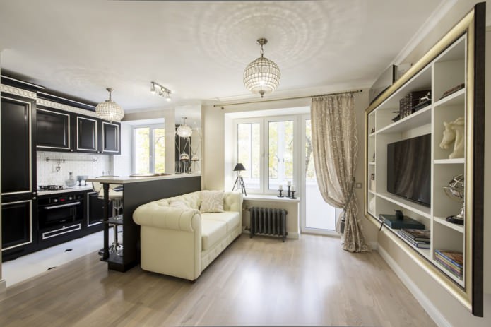 Interior of a small apartment in the Art Deco style of 29 sq. m.