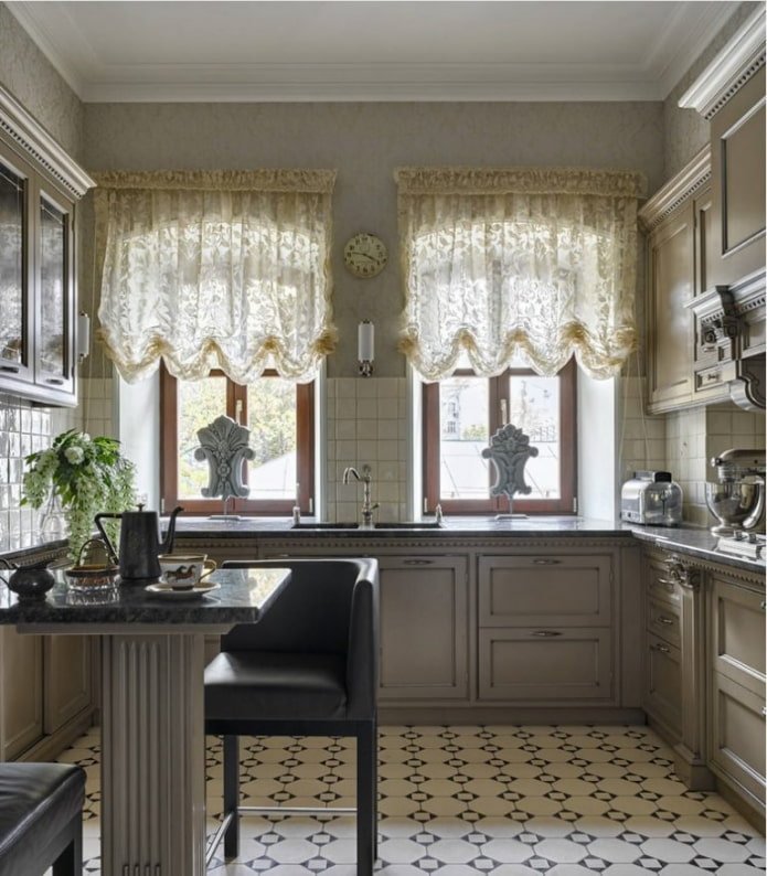 Austrian curtains in the kitchen interior