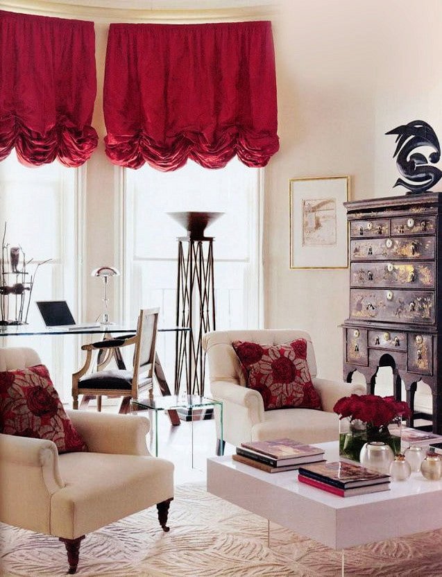 red Austrian curtains in the interior