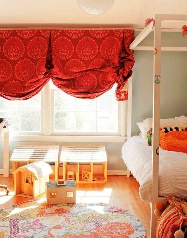 red Austrian curtains in the interior