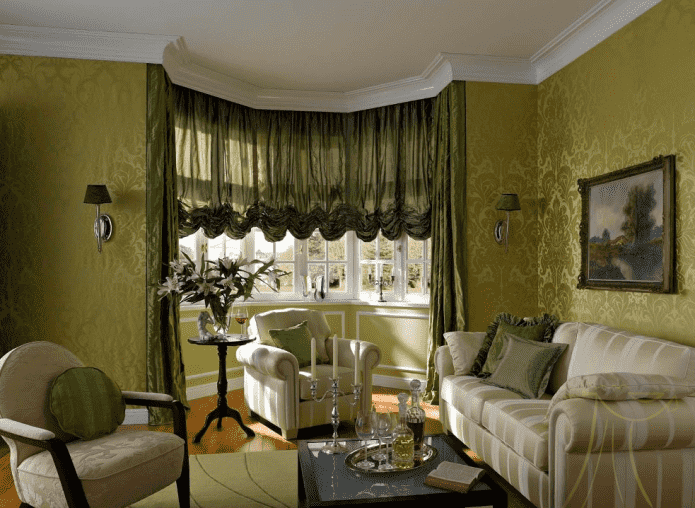 bay window decorated with Austrian curtains