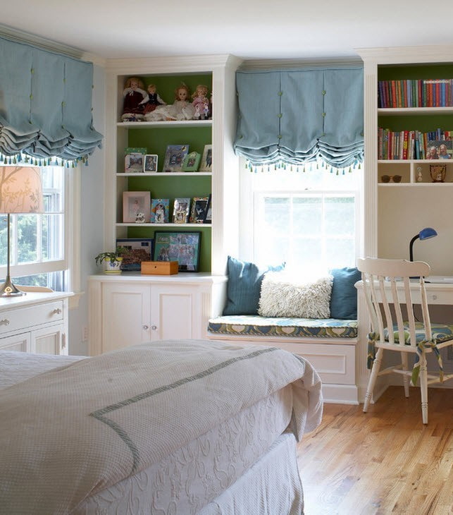 blue Austrian curtains in the interior