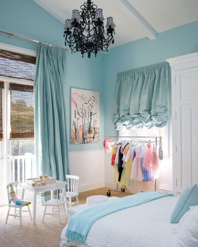 blue Austrian curtains in the interior