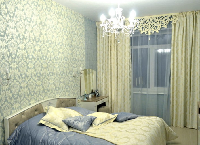 figured lambrequin in the bedroom interior