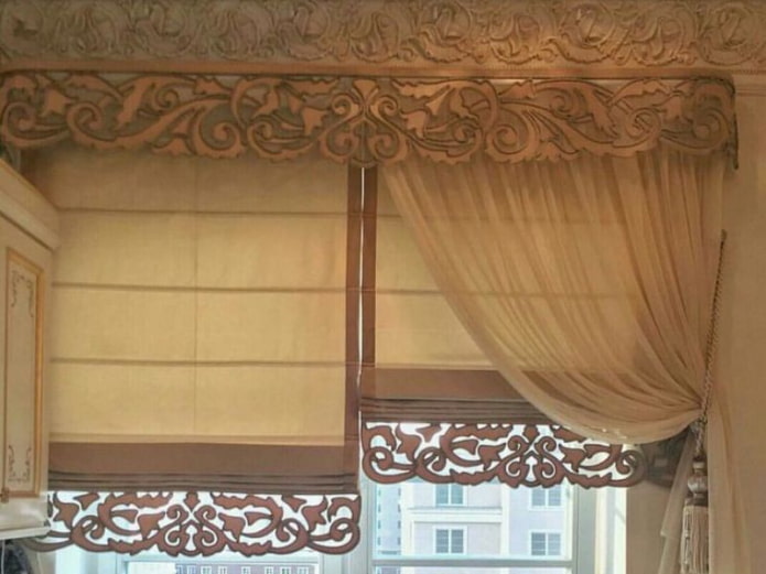 figured lambrequin with roman blinds