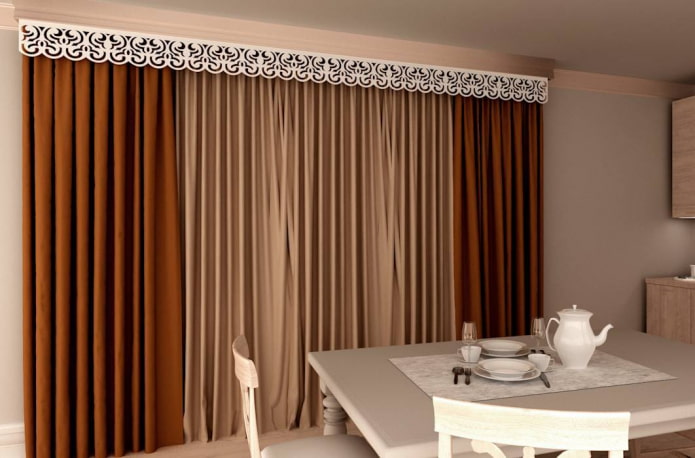 figured lambrequin in combination with curtains