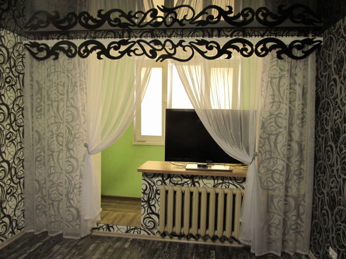 figured lambrequin in combination with curtains