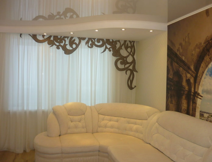 figured lambrequin in combination with curtains