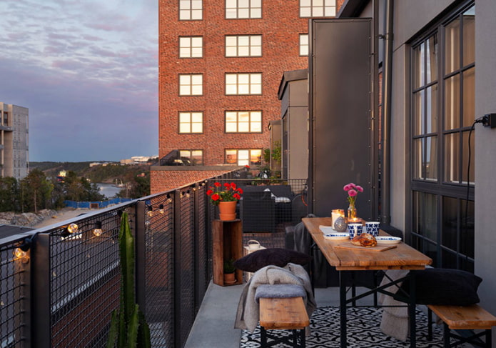Open balcony with decorative lighting
