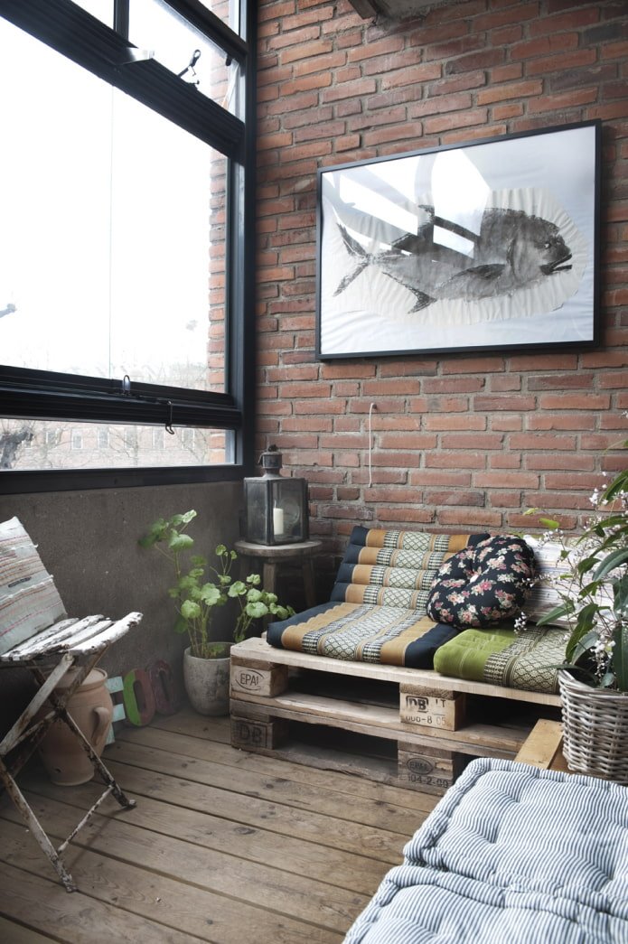 Loggia with pallet furniture in loft style