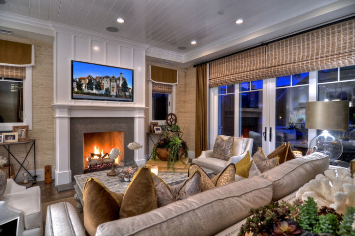living room with bamboo wallpaper and curtains