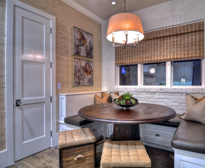 the dining area is finished with bamboo wallpaper