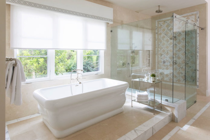 white rigid lambrequin in the bathroom interior