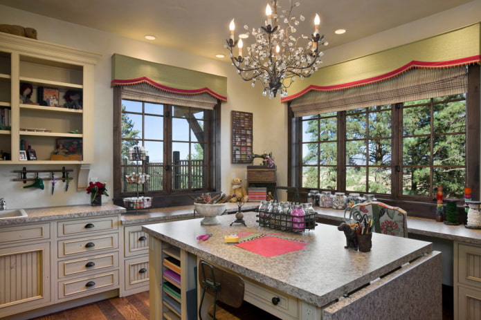hard lambrequins with edging in the kitchen interior