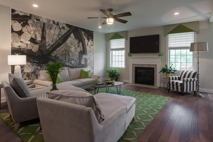 green hard lambrequin in the living room