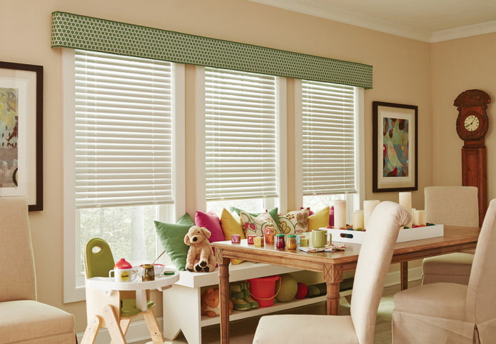 rigid lambrequin with blinds in the interior