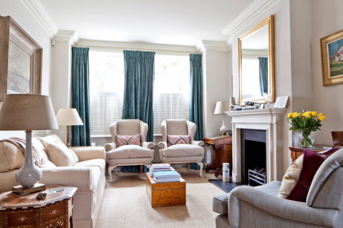 velvet curtains in the living room interior