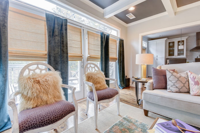 velvet curtains in the living room interior