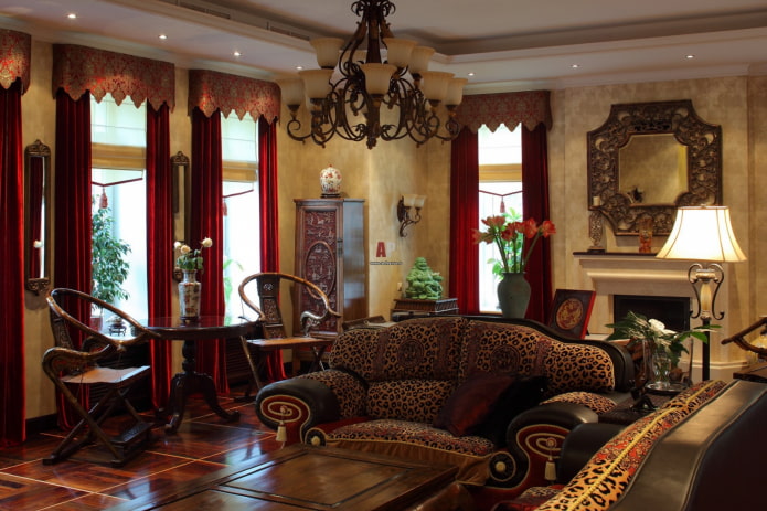 velvet curtains in an oriental style interior
