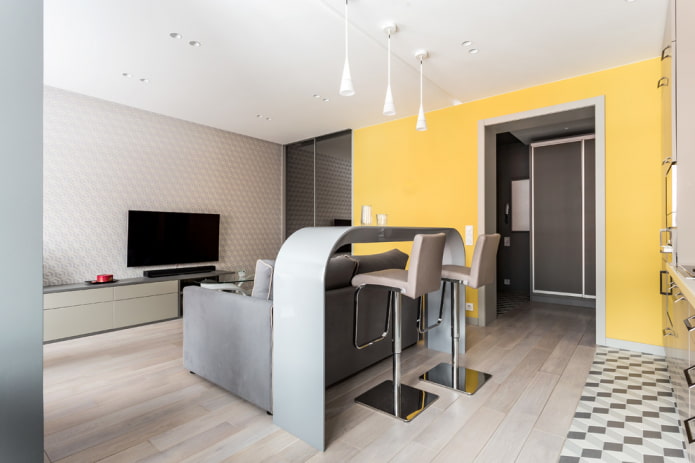bar counter with rounded edges in the living room interior