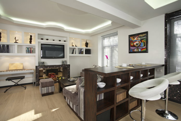 wenge-colored bar counter in the living room interior