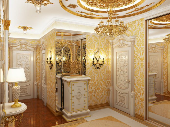 white and gold non-woven wallpaper with a large floral pattern