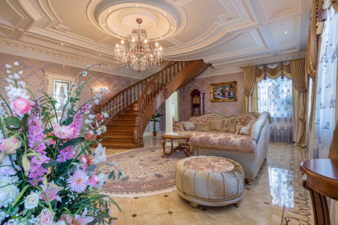 living room with a wooden staircase