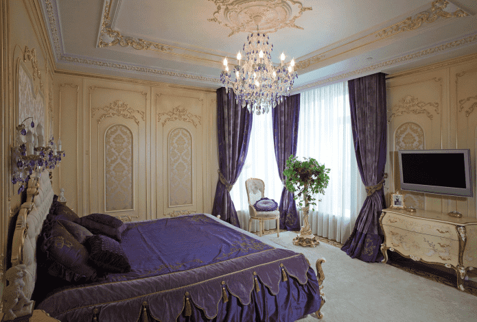 violet-beige bedroom in baroque style