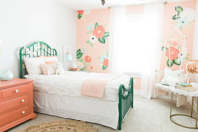 children's room in white and pink tones with green elements