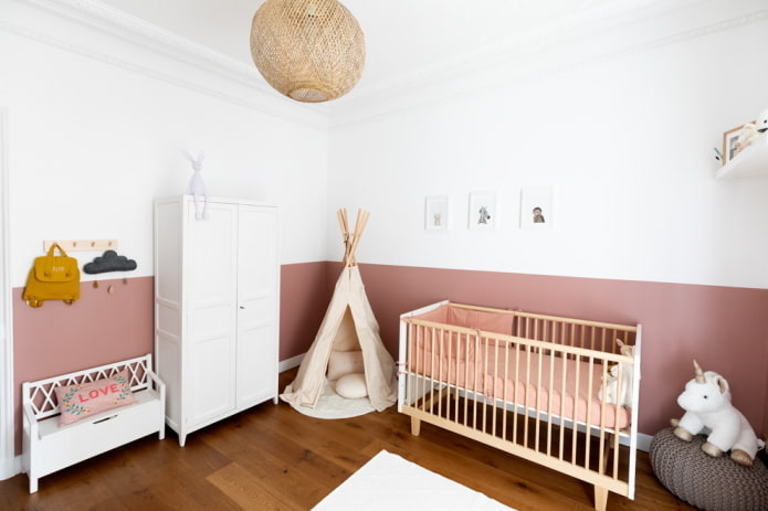 half of the white walls are painted dusty pink