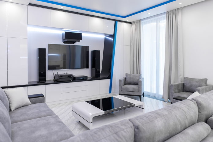 living room in white tones in the style of high-tech
