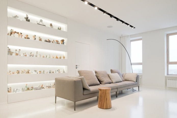 living room in white tones in the style of minimalism