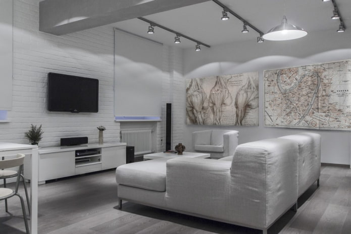 decor and lighting in the living room in white tones