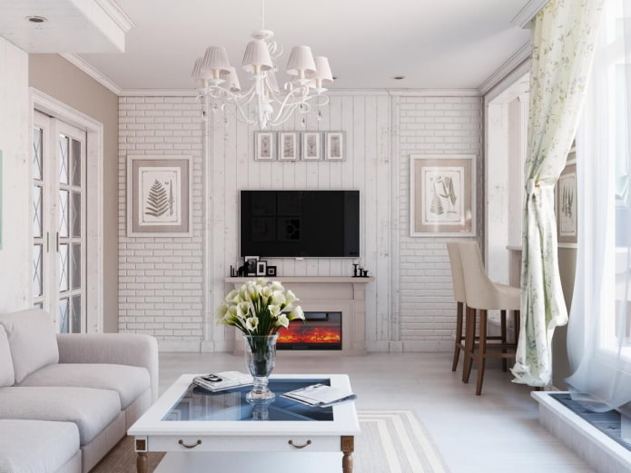 living room in white tones in the Provence style