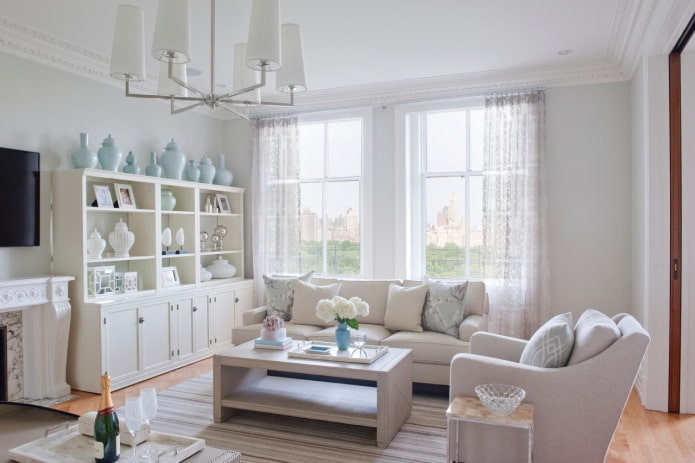 living room in white tones in the Provence style