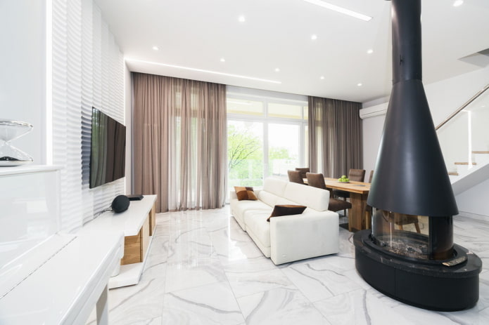 living room interior design in white tones