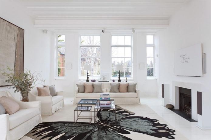 decor and lighting in the living room in white tones