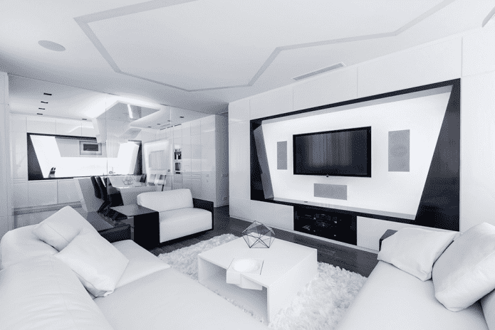 living room in white tones in hi-tech style