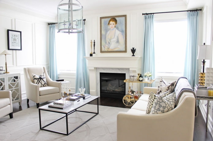 curtains in the living room in white tones