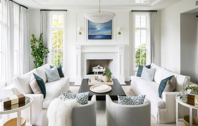 living room interior design in white tones