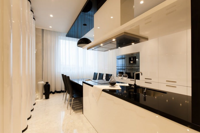 light curtains in the interior of a white kitchen