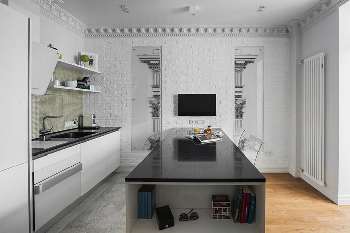 island kitchen with black glossy countertop