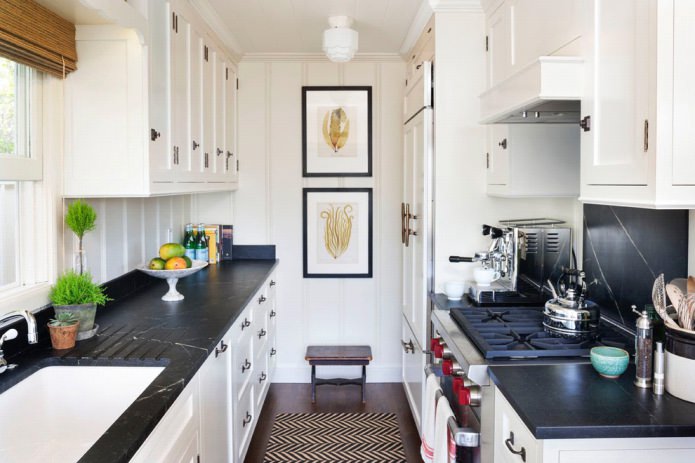 black countertop made of natural stone in the kitchen interior