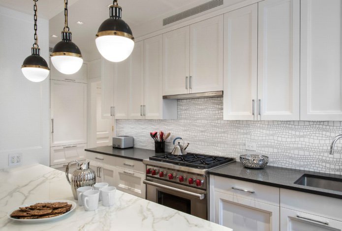 mosaic apron in a white kitchen